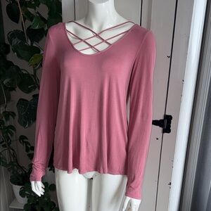 American Eagle, soft&sexy Women's Long Sleeve Crisscross Neck Top  Dusty Rose M
